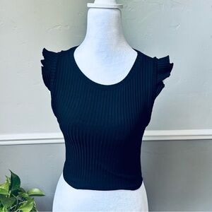 Zara Black Flutter Sleeve Ribbed Top
